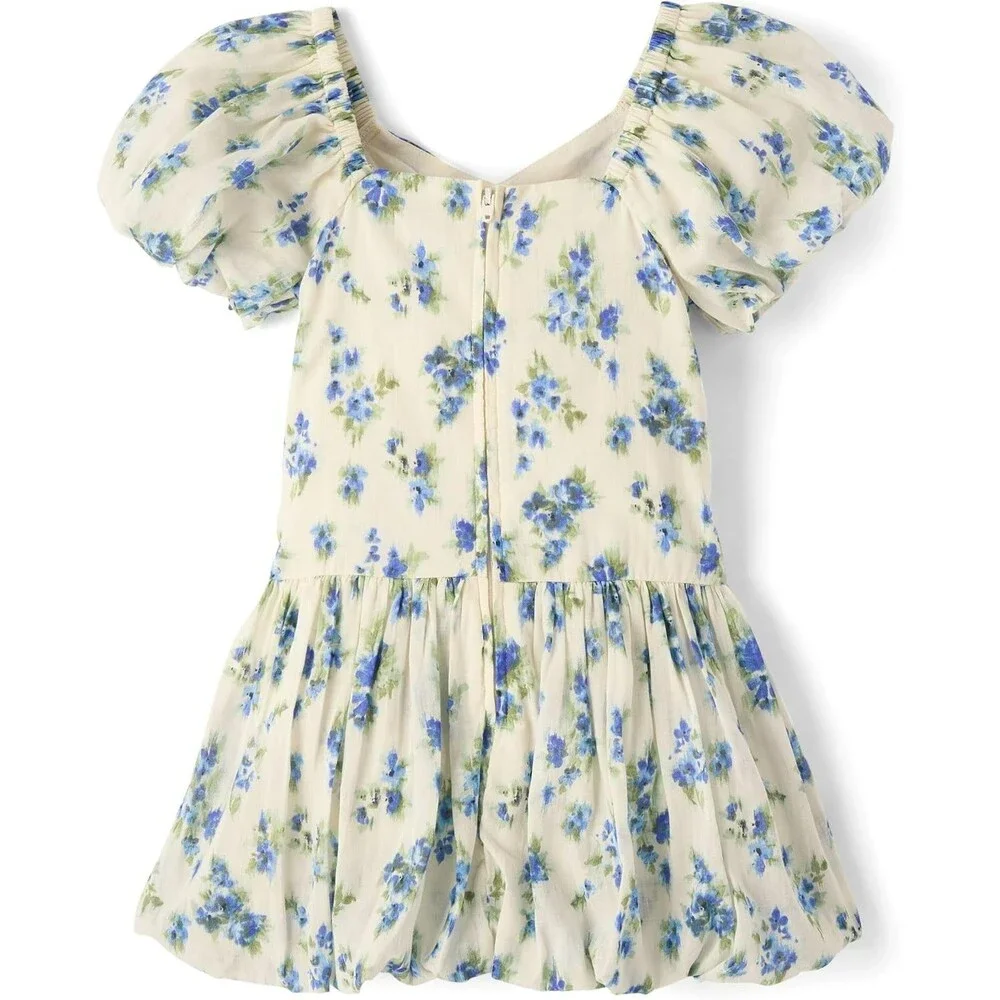 The Children's Place Girls' Mini Dress LARGE 10-12 Blue Floral Sleeveless Bubble